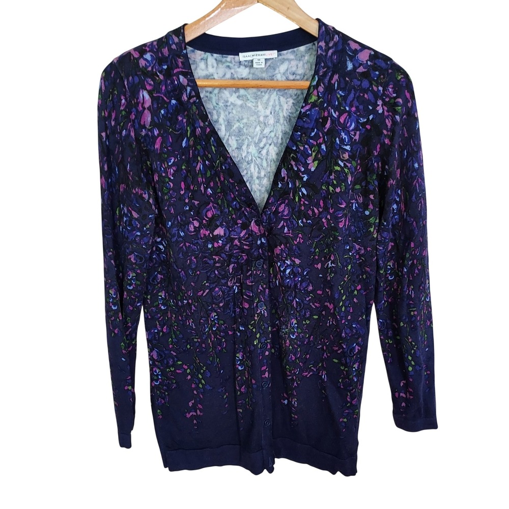 Isaac Mizrahi Live Womens Blue Purple Floral V-Neck Cardigan Sweater Medium